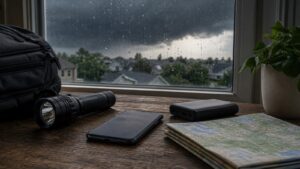Storm readiness still life with a phone face down, flashlight, map, and power bank near a rainy window.