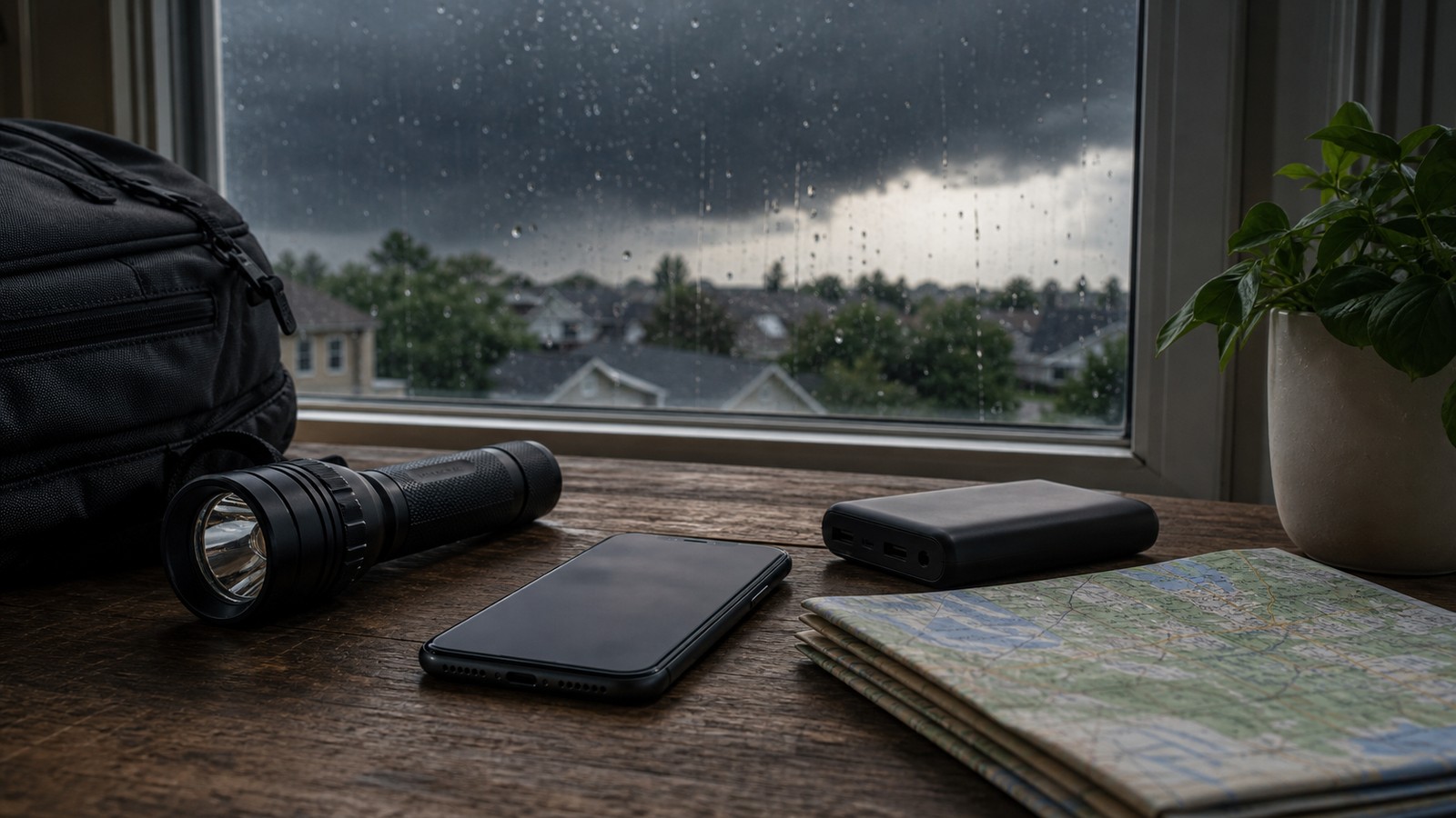 Storm readiness still life with a phone face down, flashlight, map, and power bank near a rainy window.