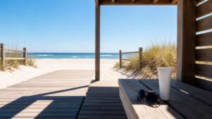 Beach boardwalk showing a sharp contrast between harsh midday sun and shaded shelter.