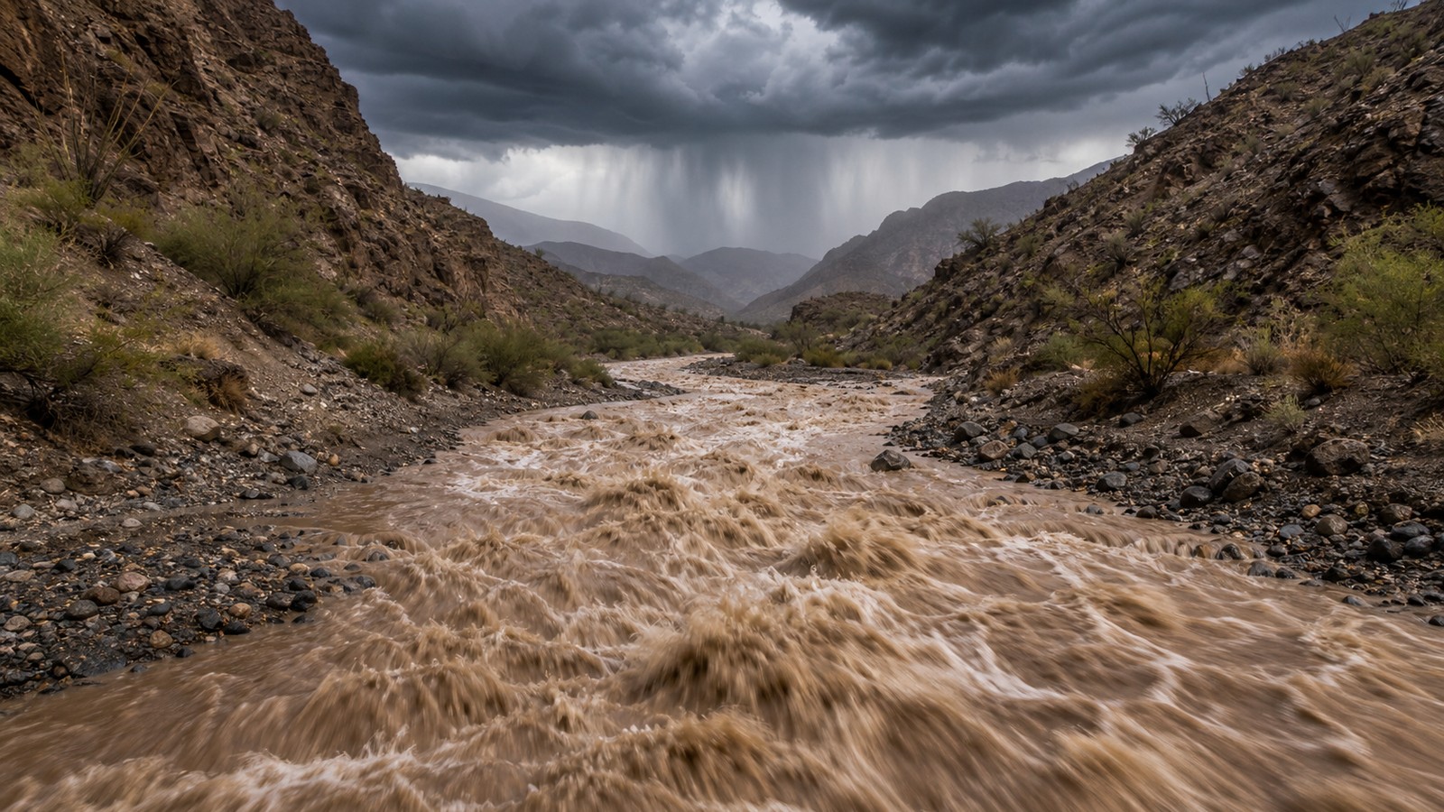 Muddy flash flood water rushing through a narrow desert canyon wash after heavy rain.