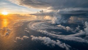 Developing tropical storm clouds organizing over warm ocean water at sunrise.