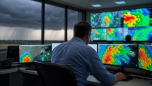 Meteorologist monitoring abstract storm radar displays in a weather operations room during approaching severe weather.