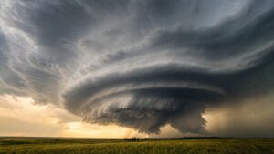 Rotating supercell thunderstorm with striated updraft and wall cloud over open plains.