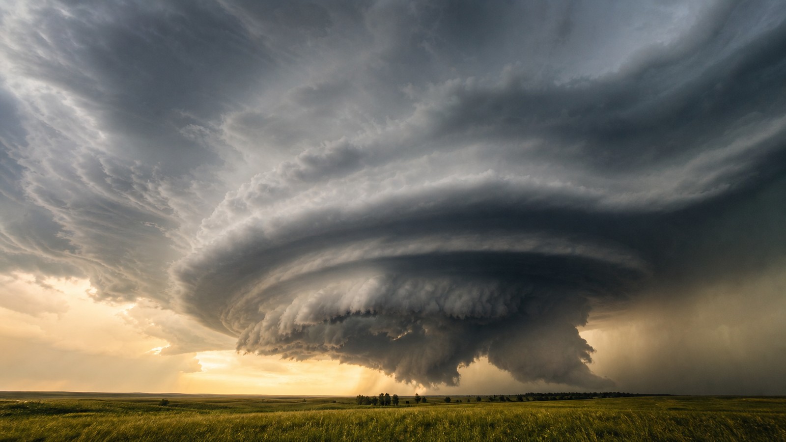 Rotating supercell thunderstorm with striated updraft and wall cloud over open plains.