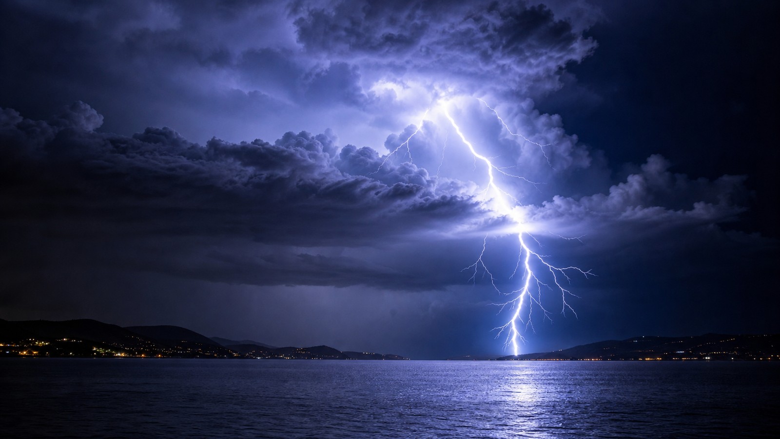 Nighttime cloud-to-ground lightning over open water beneath a dark thunderstorm.