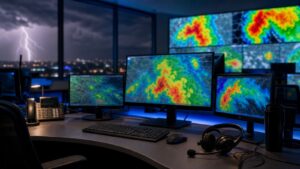 Empty weather operations workstation glowing with abstract storm monitor displays during nighttime severe weather coverage.