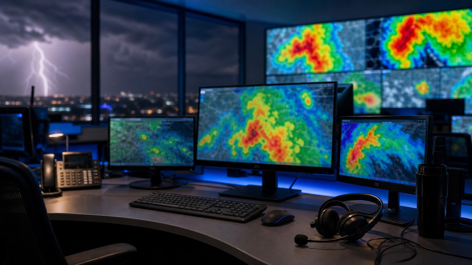 Empty weather operations workstation glowing with abstract storm monitor displays during nighttime severe weather coverage.