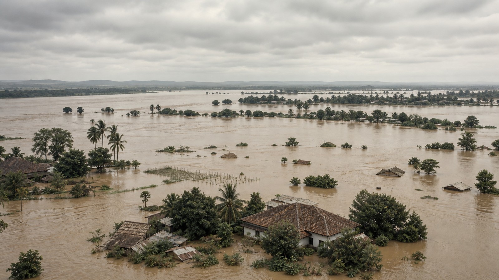 Historic-style view of a vast river floodplain with floodwater surrounding distant village rooftops.
