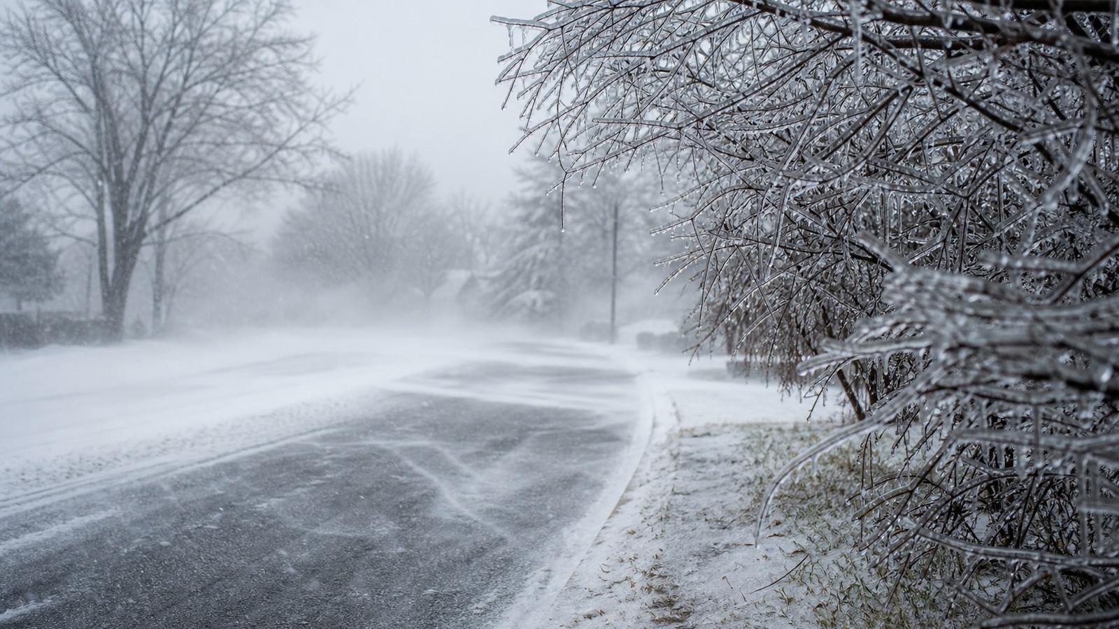 Winter road bordered by ice-coated trees with blowing snow reducing visibility in the distance.