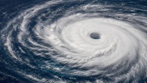 High-altitude view of an immense mature hurricane with a defined eye over open ocean.