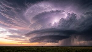 Immense supercell thunderstorm over open plains with lightning glow and distant rain core.