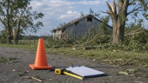 Post-storm damage survey scene with scattered tree limbs and minor rural structure damage.