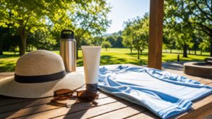 Sun protection items on a bright patio table with strong summer sunlight and shade nearby.