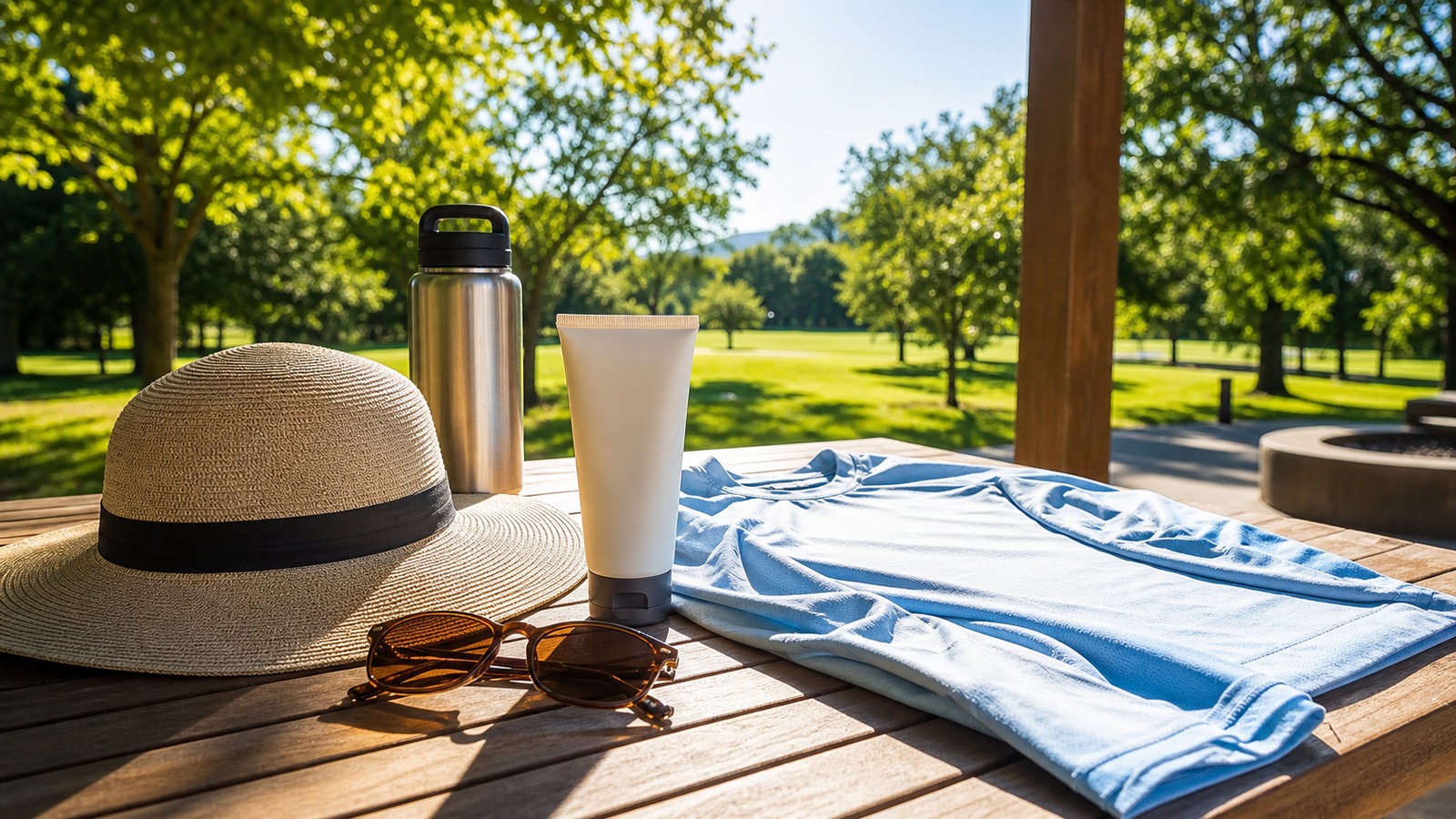 Sun protection items on a bright patio table with strong summer sunlight and shade nearby.