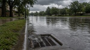 Urban street with storm drains overwhelmed by pooled floodwater after intense rainfall.