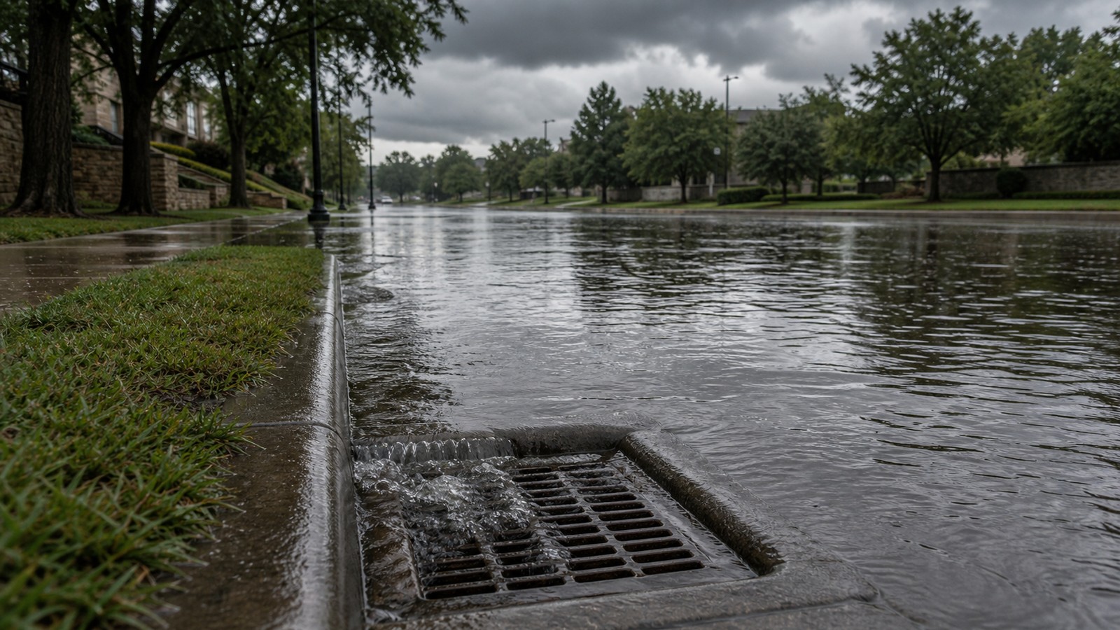 Urban street with storm drains overwhelmed by pooled floodwater after intense rainfall.