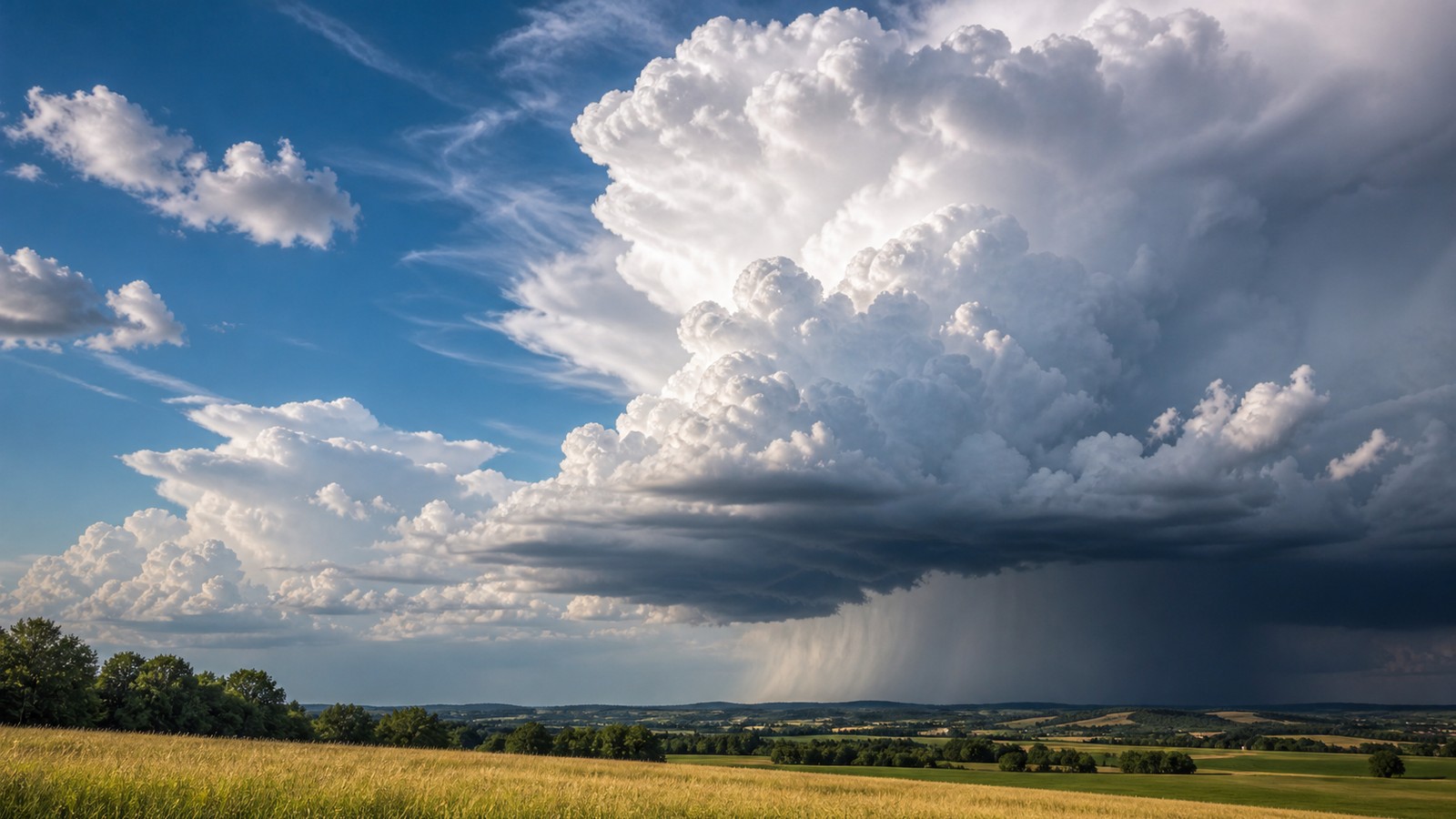 Towering cumulonimbus thunderstorm growing over warm fields with distant rain shaft.