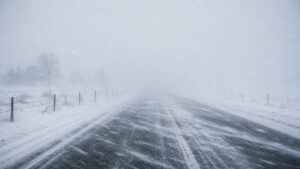 Rural road disappearing into whiteout conditions during blowing snow and strong wind.