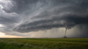 Distant tornado beneath a rotating supercell thunderstorm over open farmland.