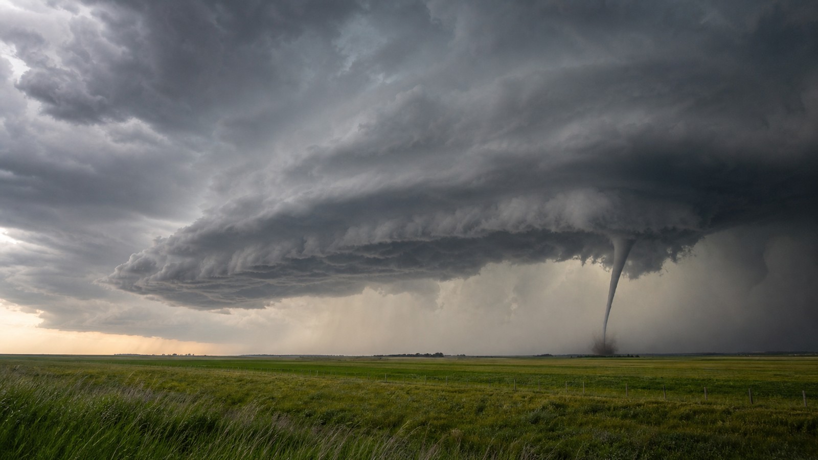 Distant tornado beneath a rotating supercell thunderstorm over open farmland.