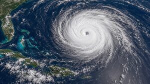 Satellite-style view of a large spiral tropical cyclone over open ocean with no labels or text.